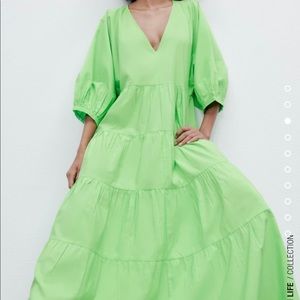 Zara tiered poplin maxi dress in *bubble gum pink*